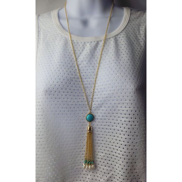 New Chico's Moon stone turquoise tassel white pearl necklace - Picture 5 of 9